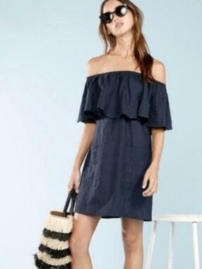 Reformation Tennessee Off Shoulder Mini Dress Navy Ruffle XS Vacation Summer